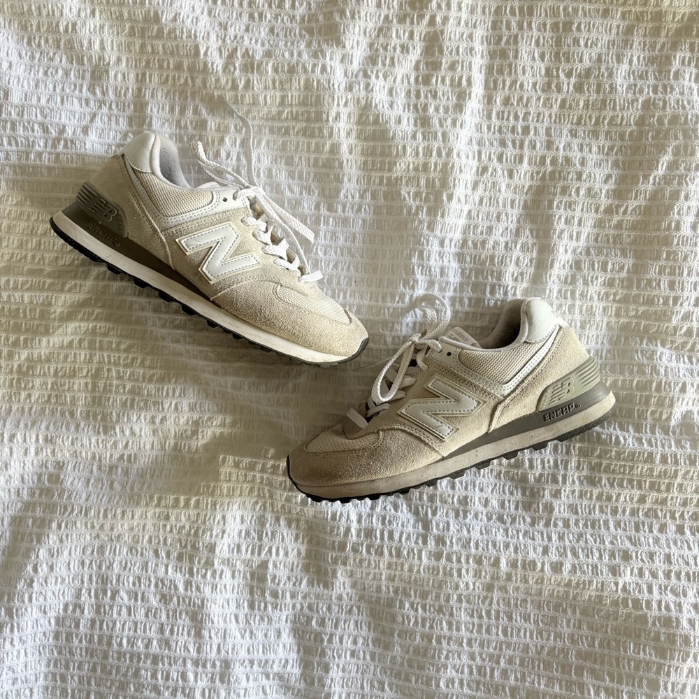 New Balance Suede Beige and White 574 Sneakers